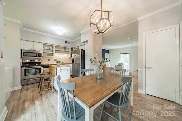 5927 Quail Hollow Rd Unit H, Charlotte, NC 28210 - dining area featuring a chandelier, light wood-style floors, ornamental molding, and baseboards