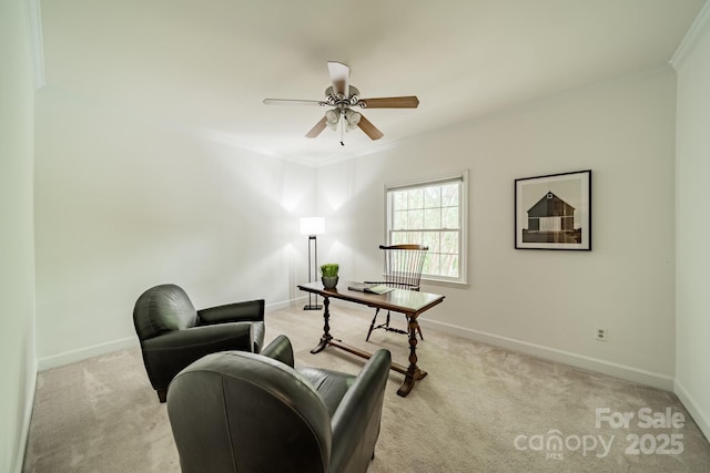 5927 Quail Hollow Rd Unit H, Charlotte, NC 28210 - living area featuring light carpet, crown molding, baseboards, and a ceiling fan