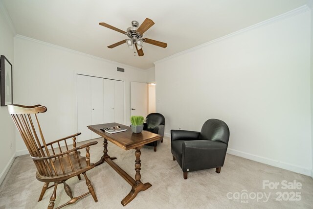 5927 Quail Hollow Rd Unit H, Charlotte, NC 28210 - office featuring light colored carpet, ceiling fan, crown molding, and baseboards