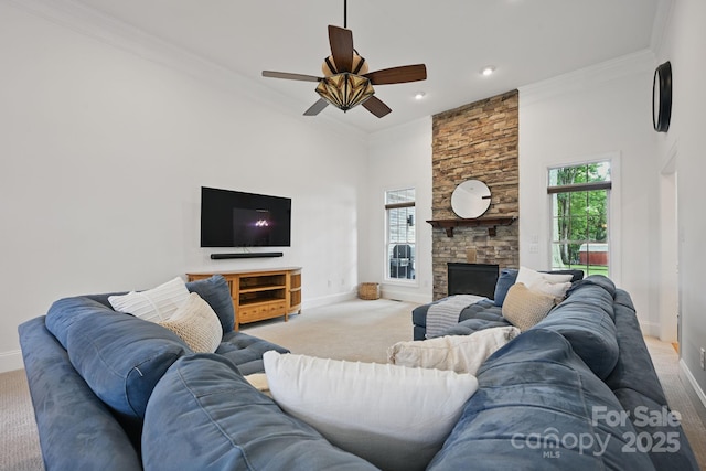 12900 Westmoreland Rd, Huntersville, NC 28078 - living area with carpet flooring, baseboards, crown molding, and recessed lighting