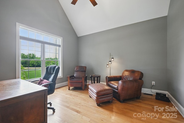 12900 Westmoreland Rd, Huntersville, NC 28078 - home office featuring light wood-style floors, a ceiling fan, high vaulted ceiling, and baseboards