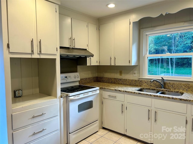 5734 Brookhaven Rd, Charlotte, NC 28210 - kitchen with white range with electric stovetop, a sink, under cabinet range hood, white cabinetry, and ornamental molding