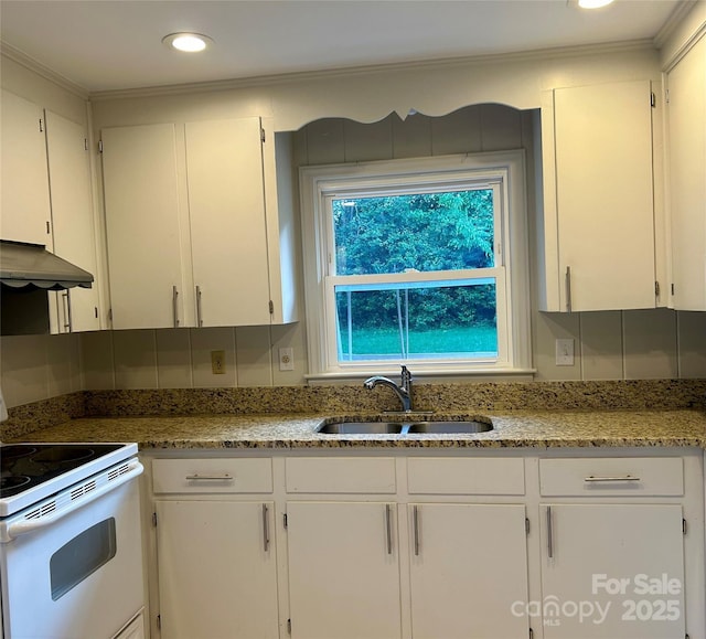 5734 Brookhaven Rd, Charlotte, NC 28210 - kitchen with white range with electric cooktop, under cabinet range hood, a sink, white cabinets, and ornamental molding