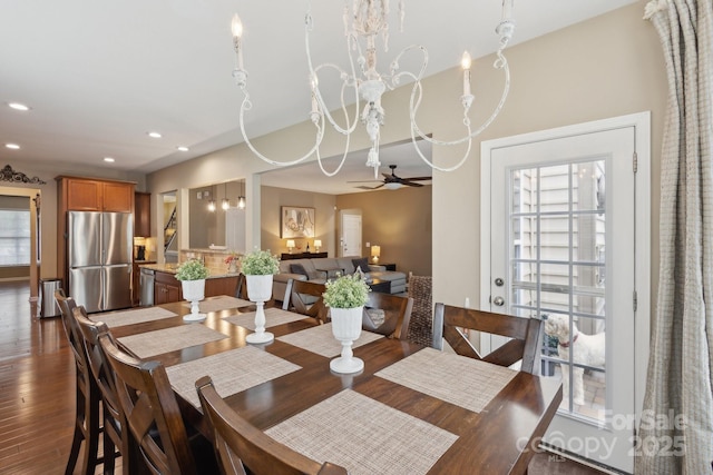 4430 Bravery Pl SW, Concord, NC 28027 - dining room with wood finished floors, recessed lighting, a chandelier, and ceiling fan