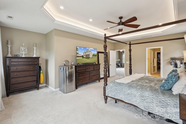 4430 Bravery Pl SW, Concord, NC 28027 - bedroom featuring a raised ceiling, light colored carpet, recessed lighting, baseboards, and a ceiling fan