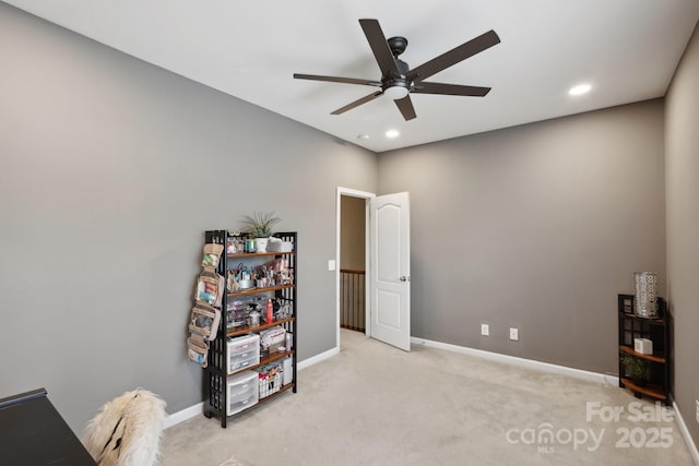 4430 Bravery Pl SW, Concord, NC 28027 - home office featuring ceiling fan, light colored carpet, baseboards, and recessed lighting