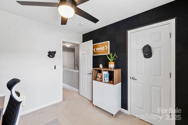 20 Daphne Dr, Arden, NC 28704 - unfurnished office with light colored carpet, a ceiling fan, baseboards, and an accent wall