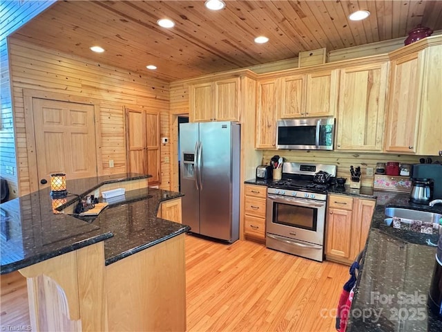 658 Green Point Ln, Boomer, NC 28606 - kitchen with appliances with stainless steel finishes, recessed lighting, wood ceiling, light wood-style flooring, and light brown cabinets