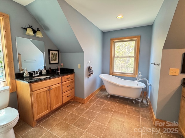 658 Green Point Ln, Boomer, NC 28606 - full bathroom with vanity, a freestanding bath, tile patterned floors, vaulted ceiling, and recessed lighting