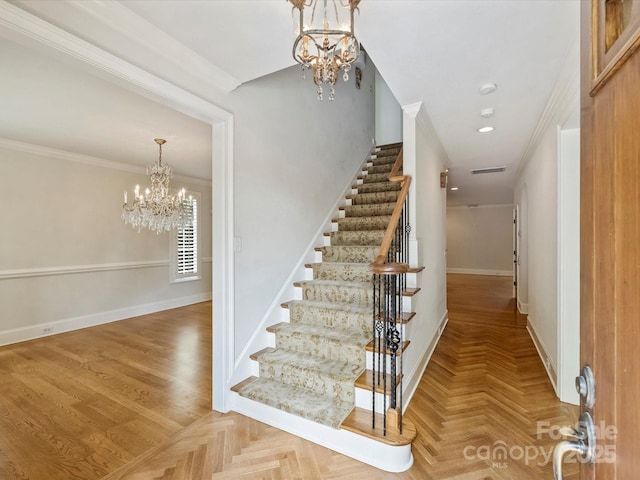 1522 High St, Charlotte, NC 28211 - staircase featuring a chandelier, baseboards, recessed lighting, and ornamental molding