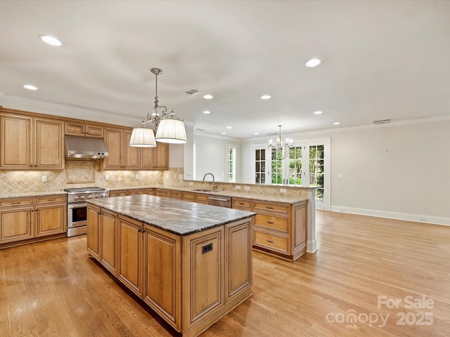 1522 High St, Charlotte, NC 28211 - kitchen with under cabinet range hood, stainless steel appliances, a sink, a center island, and ornamental molding