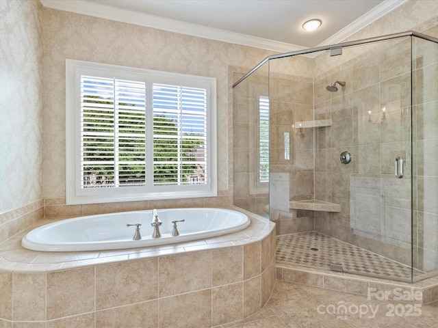 1522 High St, Charlotte, NC 28211 - full bathroom featuring a bath, a stall shower, ornamental molding, and tile patterned flooring