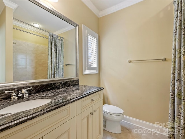 1522 High St, Charlotte, NC 28211 - full bathroom featuring toilet, ornamental molding, vanity, tile patterned flooring, and a shower with curtain