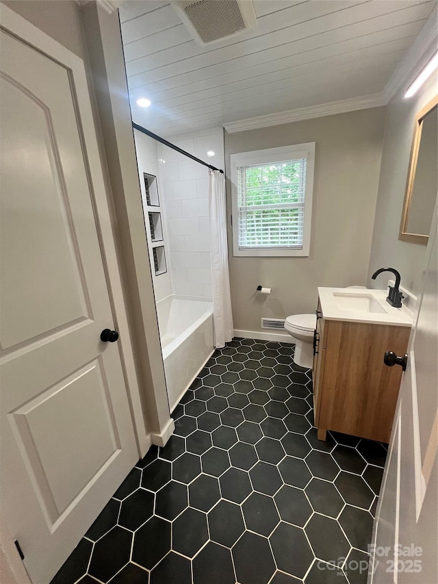 800 Charles Rd, Shelby, NC 28150 - full bath featuring vanity, toilet, crown molding, tile patterned flooring, and shower / bathtub combination with curtain