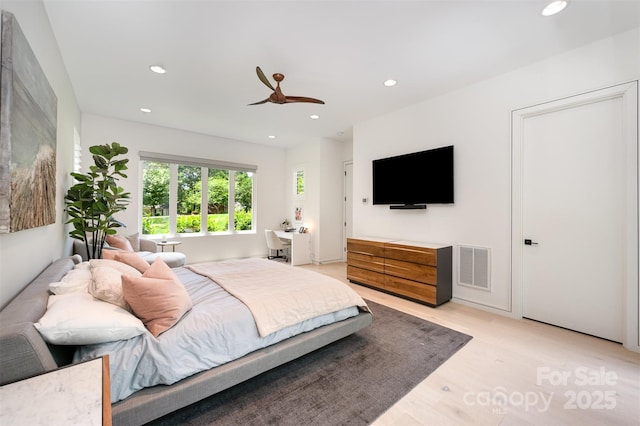 5925 Creola Rd, Charlotte, NC 28270 - bedroom featuring recessed lighting, light wood-type flooring, and ceiling fan