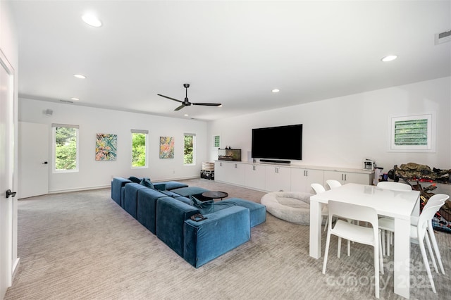 5925 Creola Rd, Charlotte, NC 28270 - living room featuring recessed lighting, ceiling fan, and light colored carpet