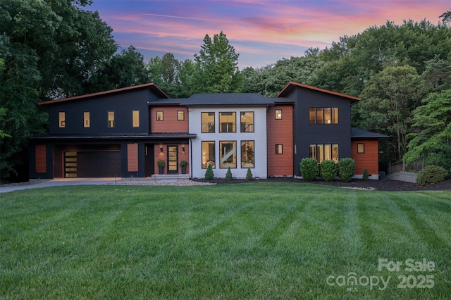 5925 Creola Rd, Charlotte, NC 28270 - modern home with a front yard, an attached garage, and driveway
