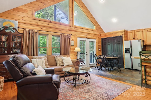 145 Jobes Trl, Mill Spring, NC 28756 - living room featuring high vaulted ceiling, french doors, recessed lighting, and wood finished floors