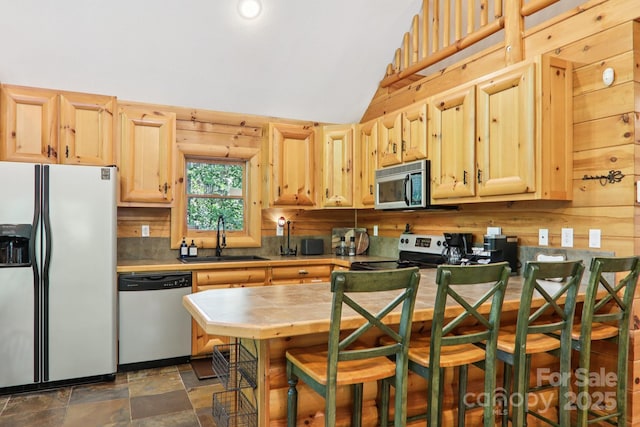 145 Jobes Trl, Mill Spring, NC 28756 - kitchen with appliances with stainless steel finishes, a sink, tile counters, vaulted ceiling, and light brown cabinets