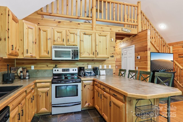 145 Jobes Trl, Mill Spring, NC 28756 - kitchen with appliances with stainless steel finishes, a peninsula, dark stone finish flooring, wooden walls, and a high ceiling