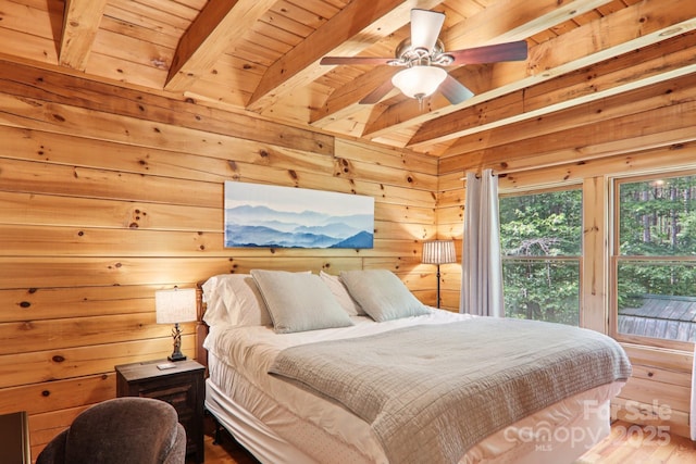145 Jobes Trl, Mill Spring, NC 28756 - bedroom with wooden walls, wooden ceiling with exposed beams, wood finished floors, and ceiling fan