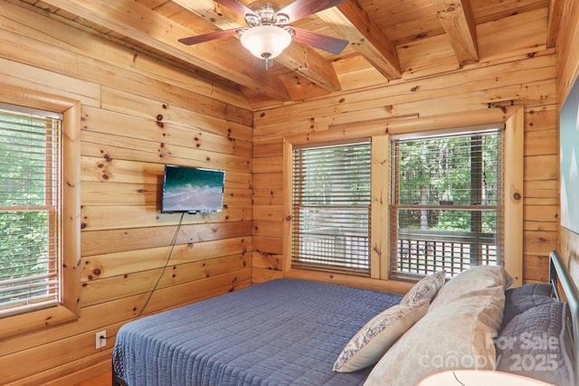 145 Jobes Trl, Mill Spring, NC 28756 - bedroom featuring wooden walls and wood ceiling with exposed beams
