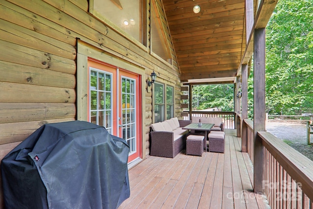 145 Jobes Trl, Mill Spring, NC 28756 - wooden terrace with area for grilling, french doors, and outdoor lounge area