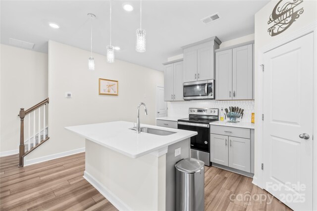 1563 Old Rivers Rd, Concord, NC 28027 - kitchen featuring appliances with stainless steel finishes, a sink, light wood finished floors, a center island with sink, and backsplash