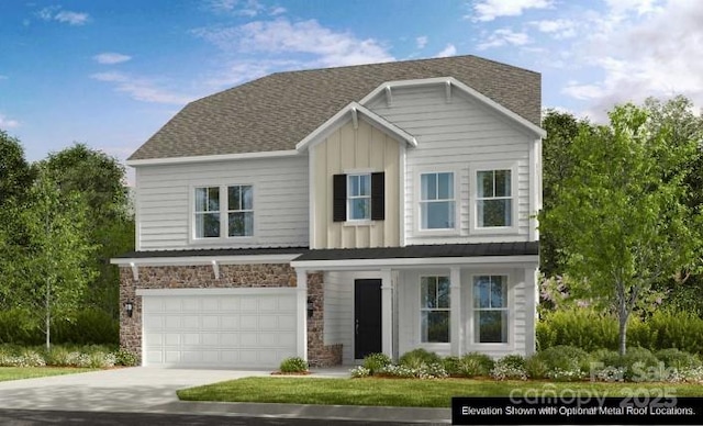 1431 Hubert Graham Way, Tega Cay, SC 29708 - view of front facade featuring board and batten siding, driveway, a garage, stone siding, and a shingled roof