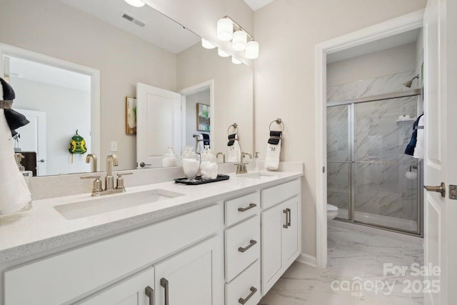 1431 Hubert Graham Way, Tega Cay, SC 29708 - bathroom featuring marble look tiles, toilet, a marble finish shower, and double vanity