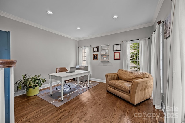 16028 Cranleigh Dr, Huntersville, NC 28078 - office space featuring baseboards, wood finished floors, recessed lighting, and ornamental molding