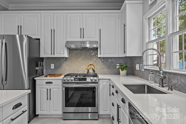 16028 Cranleigh Dr, Huntersville, NC 28078 - kitchen featuring stainless steel appliances, under cabinet range hood, a sink, ornamental molding, and white cabinetry