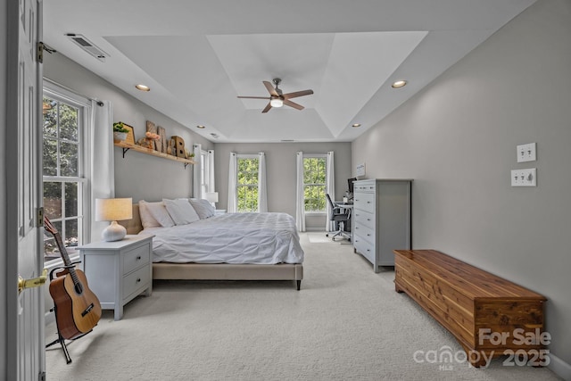 16028 Cranleigh Dr, Huntersville, NC 28078 - bedroom featuring light colored carpet, a tray ceiling, recessed lighting, and ceiling fan