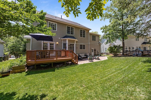 16028 Cranleigh Dr, Huntersville, NC 28078 - rear view of house featuring a yard, a wooden deck, a patio, and outdoor lounge area