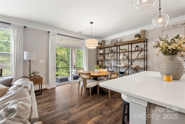 3009 Lydney Cir, Waxhaw, NC 28173 - dining room with dark wood-style flooring, ornamental molding, and baseboards