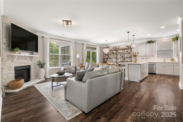 3009 Lydney Cir, Waxhaw, NC 28173 - living room featuring ornamental molding, a fireplace, dark wood-style floors, and recessed lighting
