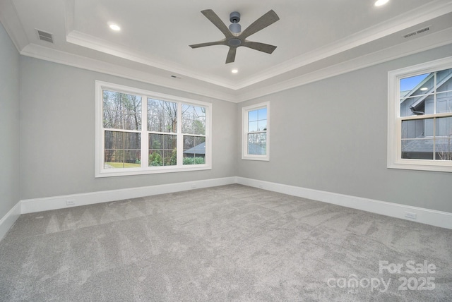 7215 Alexander Rd Unit 4, Charlotte, NC 28270 - carpeted empty room with crown molding, a tray ceiling, a ceiling fan, baseboards, and recessed lighting