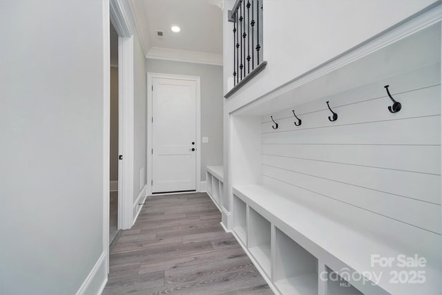 7215 Alexander Rd Unit 4, Charlotte, NC 28270 - mudroom featuring crown molding, wood finished floors, recessed lighting, and baseboards