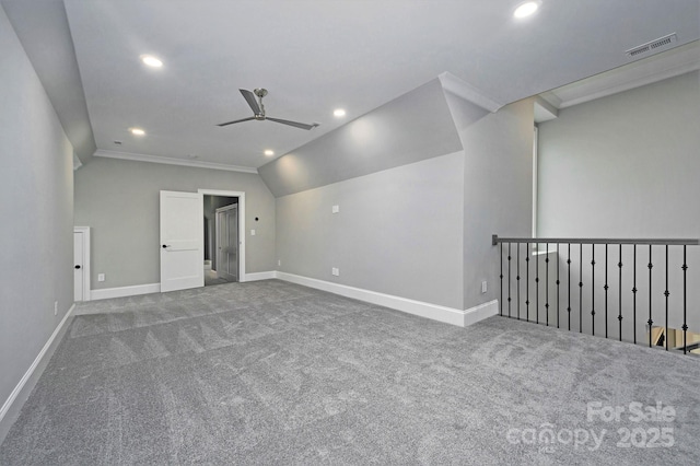 7215 Alexander Rd Unit 4, Charlotte, NC 28270 - carpeted empty room with ceiling fan, lofted ceiling, recessed lighting, ornamental molding, and baseboards