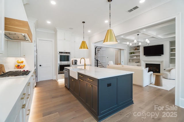 7215 Alexander Rd Unit 4, Charlotte, NC 28270 - kitchen featuring a sink, stainless steel appliances, premium range hood, light wood-style floors, and white cabinets