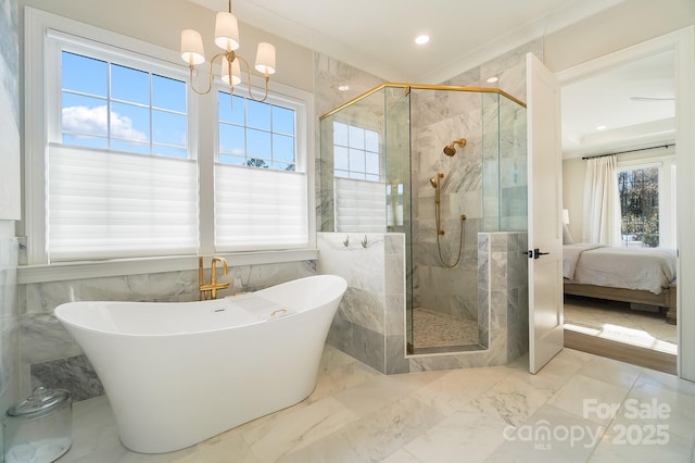 7215 Alexander Rd Unit 4, Charlotte, NC 28270 - full bath featuring a freestanding bath, a stall shower, ensuite bathroom, a chandelier, and marble finish flooring