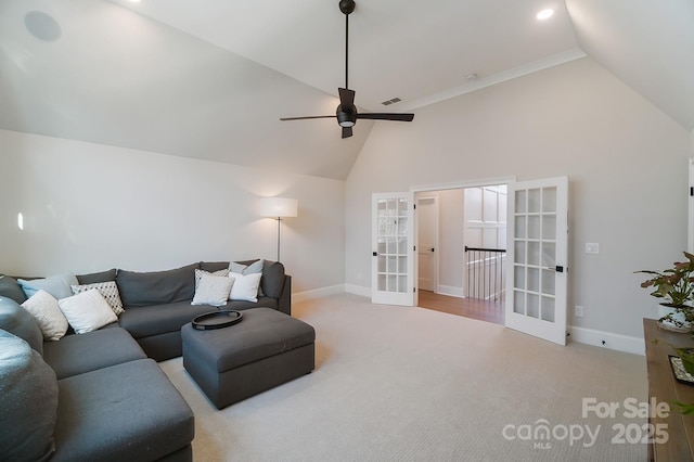 7215 Alexander Rd Unit 4, Charlotte, NC 28270 - carpeted living room featuring french doors, baseboards, high vaulted ceiling, and a ceiling fan