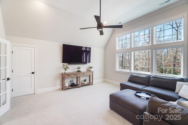 7215 Alexander Rd Unit 4, Charlotte, NC 28270 - carpeted living room featuring baseboards, a ceiling fan, and high vaulted ceiling