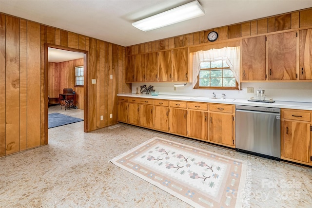 765 York Institute Rd, Hiddenite, NC 28636 - kitchen with dishwasher, light countertops, healthy amount of natural light, brown cabinets, and wood walls