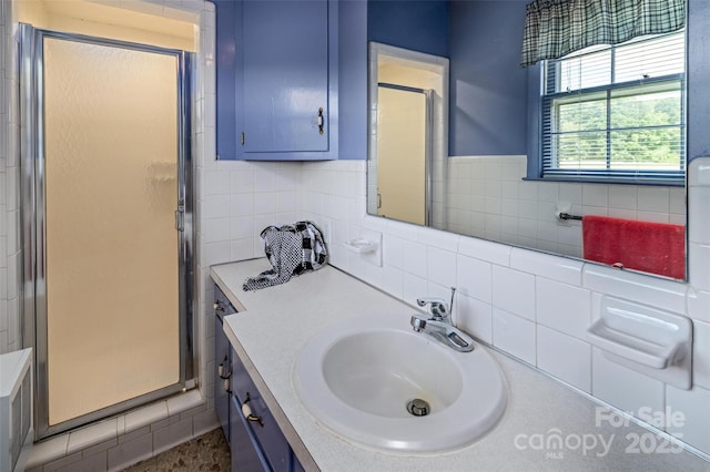 765 York Institute Rd, Hiddenite, NC 28636 - full bathroom with a stall shower, vanity, and decorative backsplash