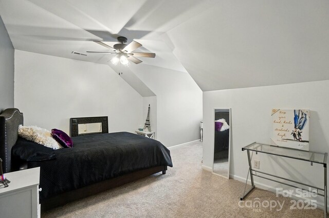 3071 Des Prez Ave, Fort Mill, SC 29707 - bedroom with light carpet, vaulted ceiling, baseboards, and a ceiling fan