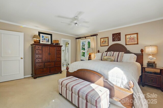 308 Odell St, Kannapolis, NC 28083 - bedroom with ornamental molding, light colored carpet, ceiling fan, and ensuite bath