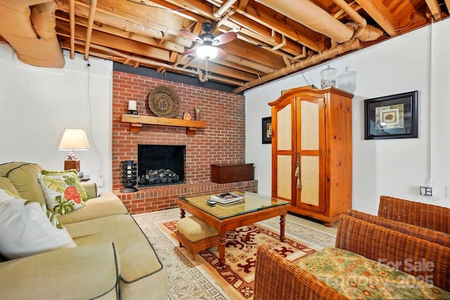 308 Odell St, Kannapolis, NC 28083 - living room featuring a fireplace and concrete block wall