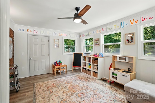 103 W Sunset Dr, Locust, NC 28097 - recreation room featuring wood finished floors, healthy amount of natural light, a ceiling fan, and ornamental molding