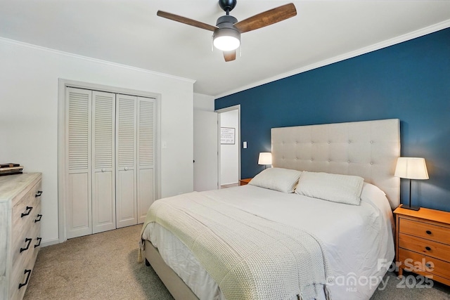 103 W Sunset Dr, Locust, NC 28097 - bedroom with crown molding, light colored carpet, a closet, and a ceiling fan